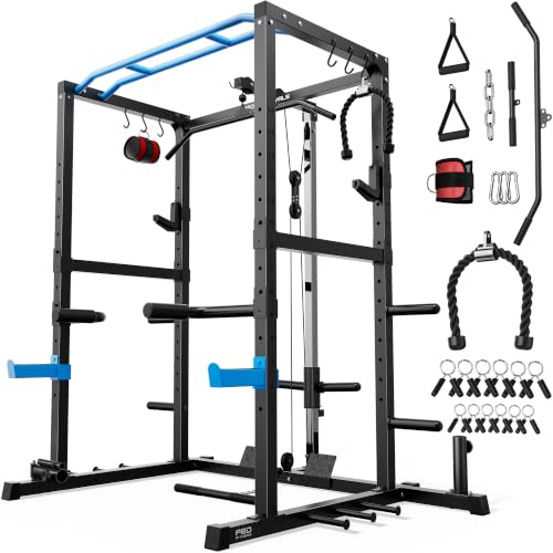 SPORTSROYALS Power Rack, Multi-Functional Power Cage, Squat Rack with Pulley System & LAT Pull Down, Workout Cage with J Hooks for Home Gym - color: Blue, style: Power Cage Only