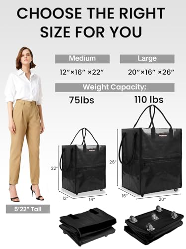 WORKPRO Medium Reusable Grocery Bag on Wheels, Heavy Duty Rolling Shopping Tote with Handle, Folding Trolley on 4 Caster Wheels for Groceries, Laundry, Camping, Moving - color: Black, size: Medium