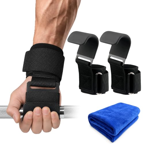 Weight Lifting Hooks (Pair) 600 lbs Capacity, Heavy Duty Wrist Straps with Padded Grip Support for Deadlifts, Pull Ups, Rows & Shrugs, Gym Hooks for Men & Women with Gym Towel