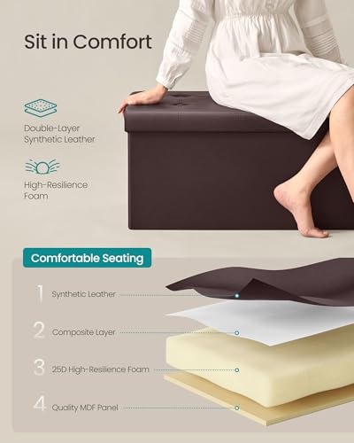 SONGMICS MAZIE Collection - 30 Inches Folding Storage Ottoman Bench, Ottoman with Storage, Foot Rest Stool, Load 660 lb, for Living Room, Synthetic Leather, Brown ULSF40Z - color: Brown, size: 15"D x 30"W x 15"H