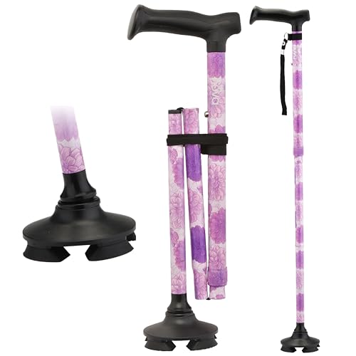 NOVA Foldable Quad Cane for Seniors, Self Standing Adjustable Walking Cane with Pivoting Quad Tip, Lightweight Collapsible Mobility Aid, Bonus Carry Pouch & Replacement Tips, Purple Floral - color: Purple Floral