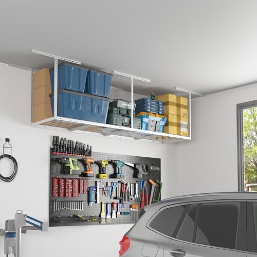 FLEXIMOUNTS 2x8 Overhead Garage Storage Rack,Adjustable Storage Organization System,Heavy Duty Metal Garage Ceiling Storage Racks,400lbs Weight Capacity,White, Classic Series - color: White, size: 2x8 ft