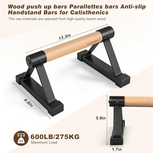 EVERYMATE Wood Push Up Bars Parallettes Bars with Rubber Feet, Anti-slip Handstand Bars for Calisthenics, Equipment for Home, Push Up Handles for Floor, Handstand Push Up Handles, Support 600 LB - size: A