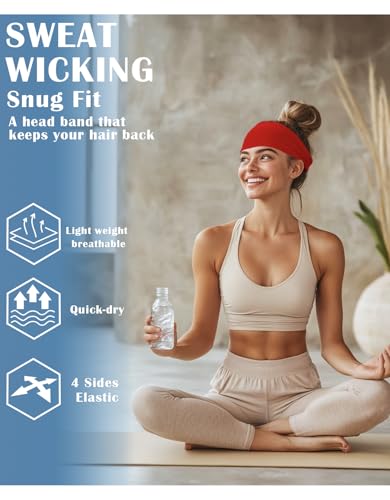 Headbands for Men & Women, Sweat Headband Non-Slip Sweatband Sports Running Cycling Yoga Basketball Workout Football Training - color: Red Pack