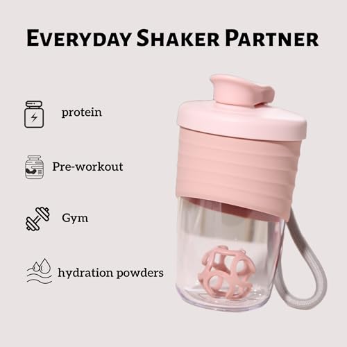 Protein Shaker Bottle, Pink, 14 oz Leak-Proof with Non-Slip Silicone Grip, Mixing Ball, Detachable Nylon Strap