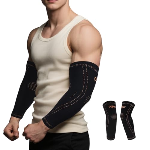 Arm compression Sleeve (1 Pair),Copper Elbow Compression Sleeve,Elbow Brace for Tennis Elbow Tendonitis,Full Arm Sleeve for Men & Women,Sports Support & Recovery - size: Small