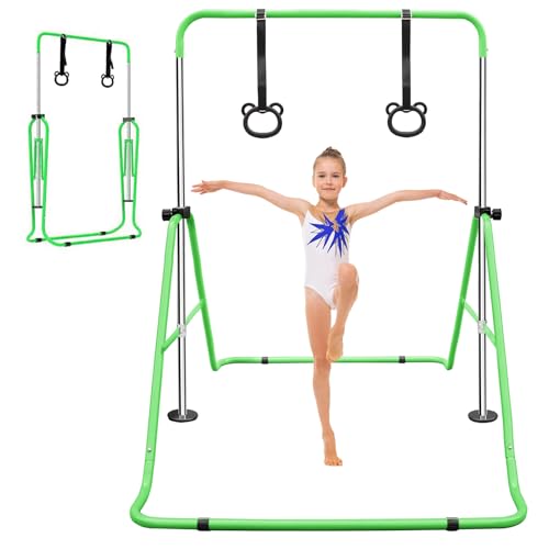 Gymnastics Bars for Kids with Rings, Junior Kip Training Bars Equipment for Home, Folding Height Adjustable Horizontal Bars - color: Green