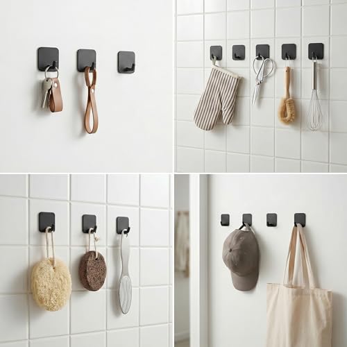 Stainless Steel Adhesive Wall Hooks for Hanging, Heavy Duty Waterproof Stick On for Bathroom Kitchen Shower, Self Adhesive for Towels, Keys, Hats, Robes - 8 Pack (Black) - color: 02-black