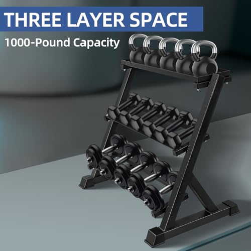 Dumbbell Rack 3-Tier Adjustable Weight Stand, 1000LBS Capacity Weight Rack for Kettlebells, Dumbbells and Home Gym Equipment, Heavy-duty Commercial Steel, Black