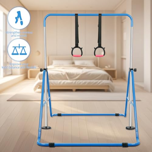 Expandable Gymnastics Bars with Ring, Adjustable Height Gymnastic Horizontal Bars, Gym Junior Training Bar Children Folding Training Monkey Bars for Kids - color: Blue