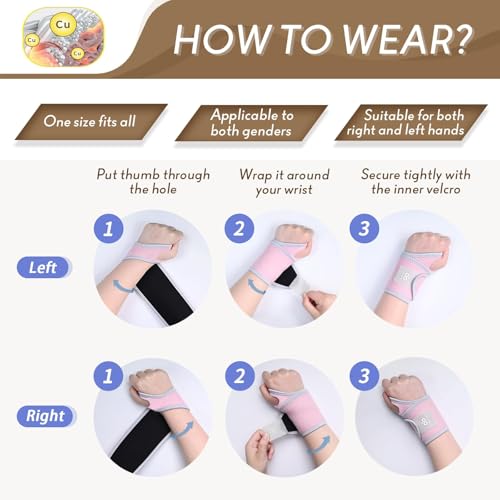 INDEEMAX 2 Pack Copper Wrist Brace Support for Carpal Tunnel, Pain Relief, Arthritis, Tendonitis, Adjustable Wrist Braces Compression Wraps Both Hands, Fit for Men and Women, Pink - color: Pink