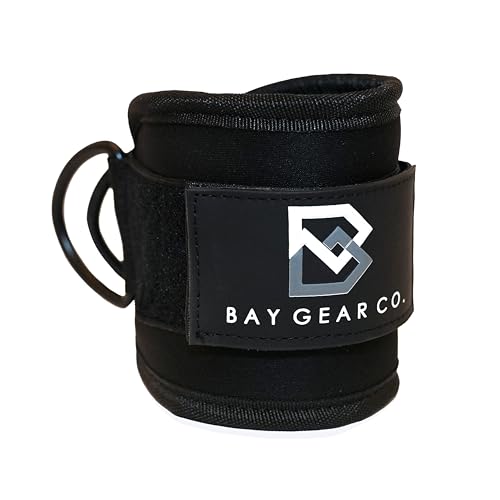 Bay Gear Co. Ankle Straps – Strong Hook and Loop System & Neoprene Padded for Cable Machine Glute Workouts, Slick Black Stainless Steel D Ring, Adjustable Fit, Different Design, Single/Pair. - color: Black, size: Single