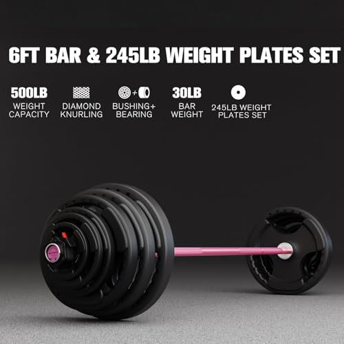 RitFit Barbell Weight Set - 4/6FT Olympic Barbell with Weight Plates (55-115LB Total) - Weightlifting Equipment for Squats, Curls, Deadlifts, Presses, Hip Thrusts - color: Pink, size: 6FT With 245LB Plates