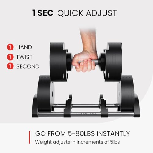 NUOBELL Adjustable Dumbbells 5-80 lbs: Replace 16 Sets, Ideal for Home Gym Weight Bench & Press - color: Black and Silver
