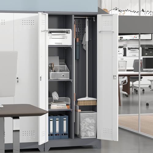 IRONFFICE Metal Garage Storage Cabinets,Broom Closet Storage Cabinet with Doors and Shelves,Tall Utility Closet Cabinet with Pegboard,Laundry Cabinet for Garage,Warehouse,Home,Basement,Grey-White - size: 15.74"D x 23.62"W x 65"H-Grey/white