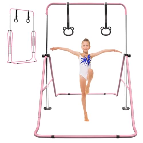Gymnastics Bars for Kids with Rings, Junior Kip Training Bars Equipment for Home, Folding Height Adjustable Horizontal Bars - color: Pink