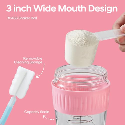 12oz Glass Shaker Bottle for Protein, Small Borosilicate Glass Protein Powder Leak-Proof Shaker Cup Mixes with 304 Blending Ball(12oz,Pink) - color: 1 Pack-Pink, size: 12oz