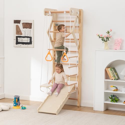 6-in-1 Swedish Ladder Wall Gym, Indoor Kids Playground with Swing, Rope Ladder, Pull-Up Bar, Slide, Gymnastic Rings, Wooden Wall Mounted Indoor Play Set for Kids & Adults (Style A)