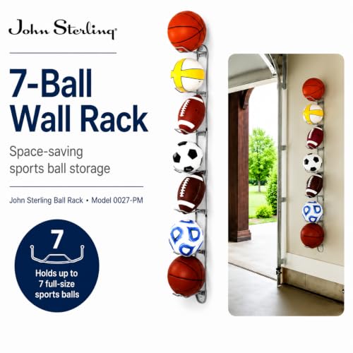 Knape & Vogt Wall Mounted Ball Rack for Garages | 7-Ball Capacity, 63-1/8 in. Tall, John Sterling Collection, Alloy Steel, Silver