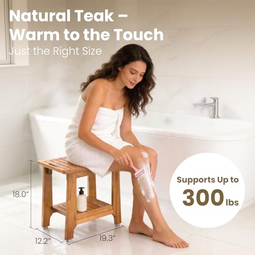 21" Standard Teak Shower Bench with Shelf & Handle - Waterproof, Non-Slip Bath Stool, 300 lbs Capacity - Fits Standard Tubs/Showers & Outdoor Use (Patented) - size: 21"W x 13" Dx 18"H