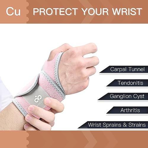 INDEEMAX 2 Pack Copper Wrist Brace Support for Carpal Tunnel, Pain Relief, Arthritis, Tendonitis, Adjustable Wrist Braces Compression Wraps Both Hands, Fit for Men and Women, Pink - color: Pink