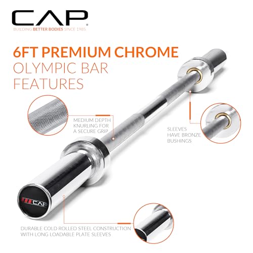 CAP Olympic Barbell - 5FT, 6FT, & 7FT Strength Training Weight Bars, Multiple Options - size: 6 ft (72") - Chrome, style: Elite