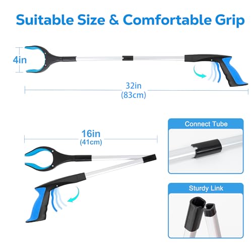 Grabber Reacher Tool - 32” Extra Long Foldable Gripper and Reaching Tool - Heavy Duty Pick Up Stick Grabbers for Seniors, Trash, Surgery Recovery Must Haves Gifts (Blue+Orange 2P) - color: Blue+orange 2p