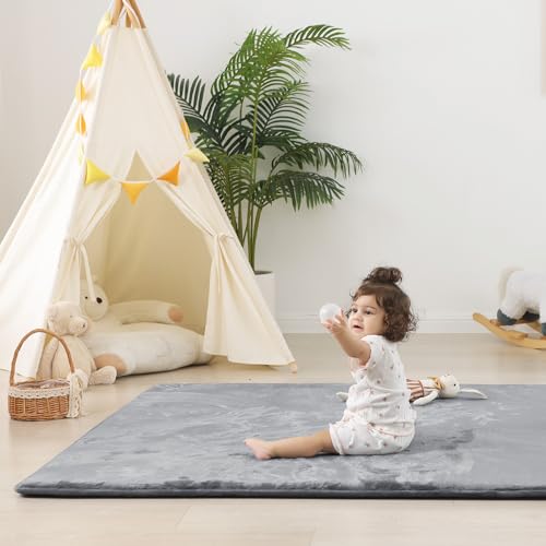 1.5" Super Thick Baby Play Mat for Floor, 79x118 Pro Soft Flannel Foam Mats for Toddler Infant Kids Crawling for Nursery Rug Playroom Living Room Waterproof Easy Care Non-Slip (Dark Grey) - color: Dark Grey, size: 79"x118"x1.5"