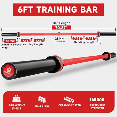 Ceramic Olympic Barbell 4/5/6FT – Short 2" Bar for Home Gym | Alloy/A3/45 steel. 400-500LB. 28mm knurled grip. Brass bushings. Squat, bench, deadlift, hip thrust. Fits standard plates. - color: Red, size: 6FT-500LBS