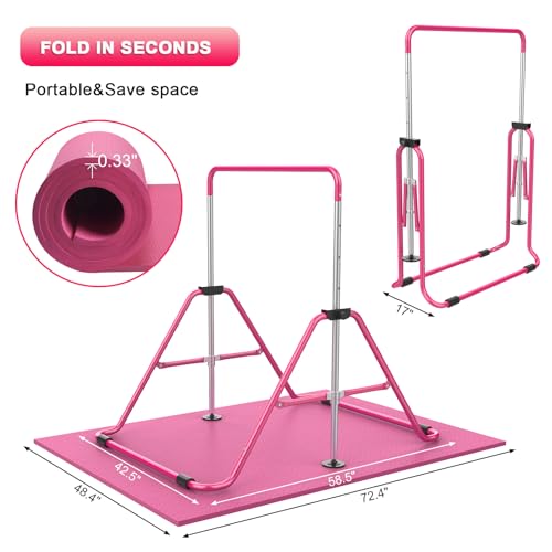 RINREA Gymnastic Bars for Kids, Adjustable Height Horizontal Bar for Home | 5-Height 35"-51", Foldable & Space-saving, Indoor Outdoor Training Kip Bar, with Gymnastics Rings & Gymnastics Pad - color: Pink with Mat