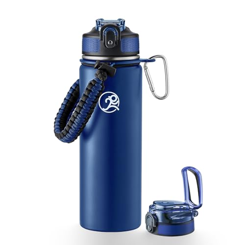 GOSWAG 24oz Insulated Stainless Steel Travel Water Bottle, 2 Lids | with straw and no straw, Paracord handle, Double-wall vacuum keeps drinks cold or hot, Leakproof tumbler - color: Matte Navy Blue