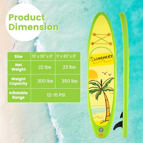 KOTEK 10FT/11FT Inflatable Paddle Board, SUP Paddleboard with Hand Pump, Safety Leash, Repair Kit, Carry Bag, Non-Slip EVA Deck, Stand Up Paddle Board for Youth & Adults - size: 11 FT, style: Green Coconut Tree