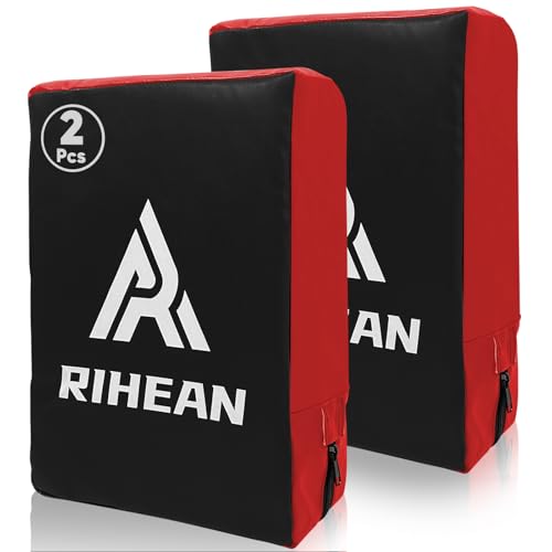 Martial Arts Kicking Shield Pad for Muay Thai, Taekwondo Football, Basketball, Hockey Training, 12x16in Denser Foam High-Density PU Leather Cover - color: Red Shield x2