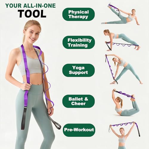 Acozycoo Stretching Strap with Loops,Non-Elastic Yoga Strap for Physical Therapy,Knee Replacement Recovery & Plantar Fasciitis,Leg Stretcher Band for Flexibility & Hamstring Rehab - color: Purple