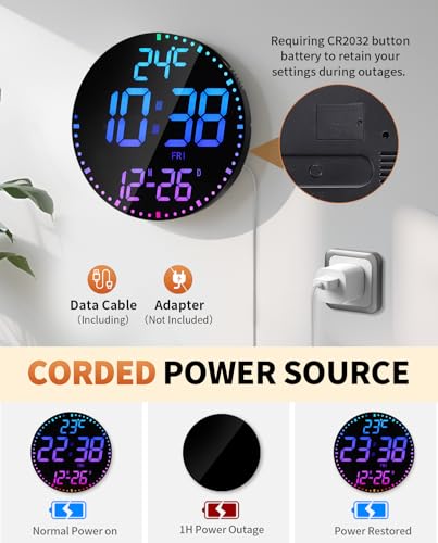 12" Large Digital Wall Mount Clock, Count Down Timer, Alarm, Big LED, 12 RGB Color, Temperature for Living Room Classroom Desk, Xmas, Birthday Gift for Senior Mom Dad (Round) - style: Black shell - Basic