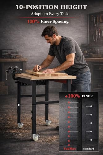 60" Heavy Duty Workbench, 2500 LBS Load Capacity Work Bench with 1.2" Laminated Oak Wood Top & Reinforced Steel Frame, Adjustable Height Work Table for Garage, Workshop, Office, Home (Casters) - size: 60"丨Casters