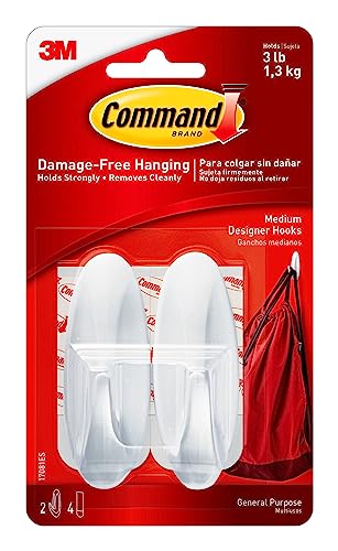 Command Medium Designer Hooks, 2 Hooks and 4 Strips, Damage-Free Hanging Wall Hook with Adhesive Strips, Adhesive Hooks for Hanging Back to School Dorm Organizers, Holds up to 3 lb