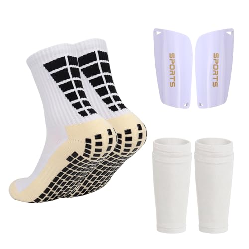 Soccer Socks with Shin Guard for Men, 1 Pairs Mens Grip Soccer Socks and 1 Pairs Shin Sleeves with Shin Guards, Footaball Equipment Shin Sleeves with Pads for Adults - color: white