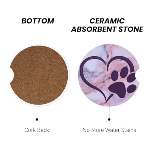 Dog Cat Paw Heart Car Coasters for Cup Holders, 2 Pack Absorbent Ceramic Drink Cup Coaster for Women Men, Auto Interior Accessories - color: T23