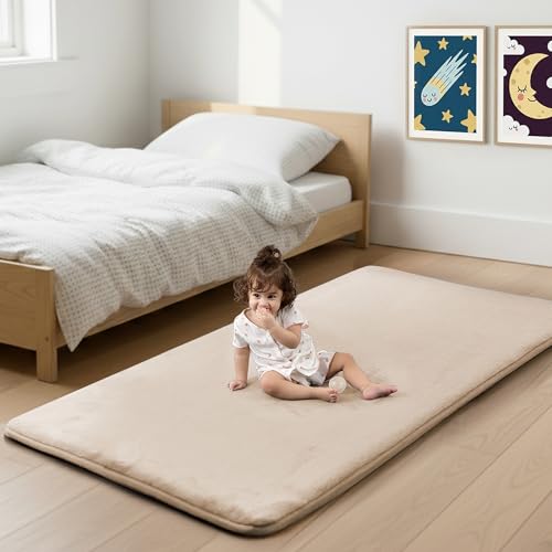 1.3" Thick Baby Bedside Floor Mat for Bedroom, Basic Padded Foam Soft Plush 28x72 Runner Rug with Non Slip Cushioned for Nursery Playroom (Beige) - color: Beige, size: 28"x72"x1.3"