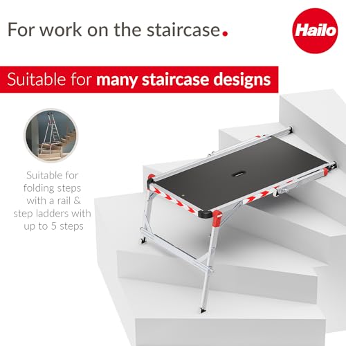 Hailo TP2 Plus | Work & Staircase Platform | Length and Height-Adjustable Telescopic Rails and feet | Integrated Bubble Level | for use with Step stools & stepladders - style: TP2 Plus (work platform)