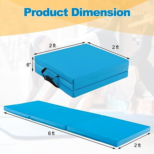 Goplus Folding Gymnastics Mat, 6’ x 2’ x 2’’ Thick Tri-Fold Exercise Tumbling Mat w/Carrying Handles, Hook & Loop Fastener, Gym mats for Home Fitness Yoga Aerobics Workouts Martial Arts - color: Blue