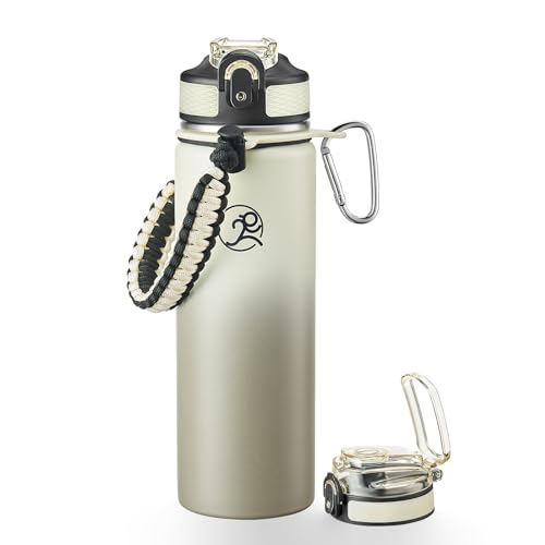 GOSWAG 24oz Insulated Stainless Steel Travel Water Bottle, 2 Lids | with straw and no straw, Paracord handle, Double-wall vacuum keeps drinks cold or hot, Leakproof tumbler - color: Beige-Gray Ombré