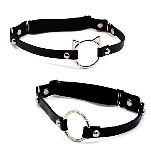 Adjustable Elastice 2 Rows Leather Leg Harness Garter Belt Punk Gothic Thigh Ring Garter - color: Black With Ring & Cat