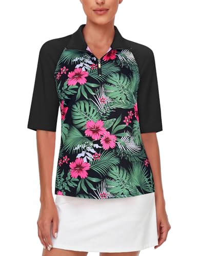 Cucuchy Womens Golf Shirt Half Sleeve Quarter Zip Polo Tennis Shirts Workout Tops - color: A-floral Red, size: Medium