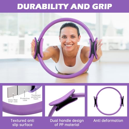 Pilates Equipment Kit for Home Workout, Pilates Ring and Ball Set with 5 Resistance Bands, mag-ic Circle Compact Toning Fitness Essentials Starter Set Accessories, Core Sliders, Socks, Bag - color: purple