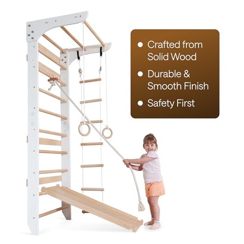 WEDANTA Wooden Swedish Ladder Wall Set – Kids Stall Bars for Exercise – Kids Swedish Gymnastic Wall Gym – Wood Stall Bar Gymnastics Playground – Best Gym for All Family - color: White