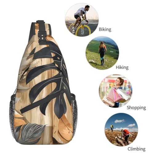 Wooden Leaf Motif Sling Bag for Women Men Lightweight Travel Sling Backpack Adjustable Shoulder Chest Bags Unisex Crossbody Backpacks for Outdoor Gym Cycling Hiking Daypack
