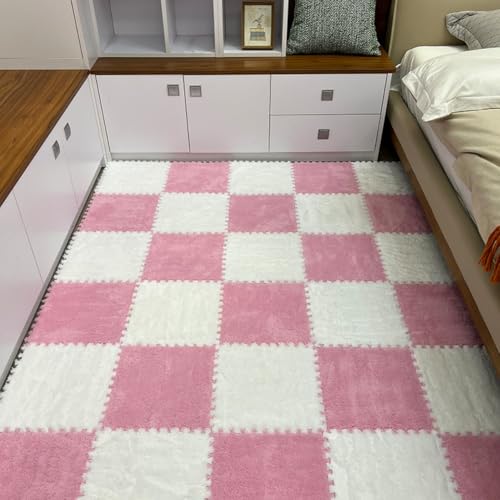 12pcs Carpet Squares Puzzle Floor Mat, Plush Interlocking Carpet Tiles, Anti Slip EVA Foam Jigsaw Floor Tiles, Build A Safe Area for Bedroom Playroom (Pink+White) - color: Pink+white