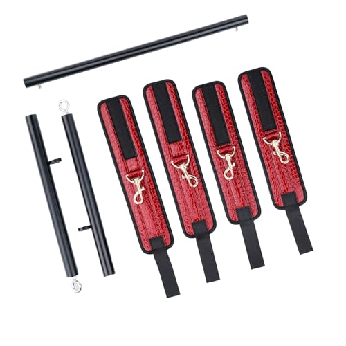 Spreader Bar Heavy Duty Stainless Steel Expandable Silver Bar Home Gym with 4pcs Furry Purple Adjustable Straps,Sports Aid Training Fitness Gear Pilates Aid Kit - style: Black+PU Crocodile Red